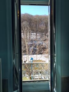 una ventana con vistas a un campo cubierto de nieve en Studio Grand Hôtel, en Capvern