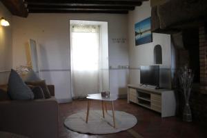 ein Wohnzimmer mit einem Sofa und einem TV in der Unterkunft Logement au coeur d'un haras avec accès à l'étang 