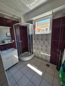 a bathroom with a shower and a sink at Hostel Bermuda in Lesce