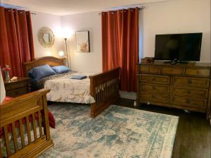 een slaapkamer met een bed en een flatscreen-tv bij The Redhawk Hideaway: Charming 2BR Condo near Miami Univ in Oxford! Book now! in Oxford