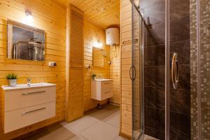 ein Bad mit einer Dusche und einem Waschbecken in der Unterkunft Domki nad morzem Ośrodek Baltica, Wicie in Vitte