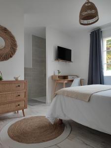 una camera da letto con un letto, una cassettiera e una televisione di La Parenthèse Cormillonne a Corme-Écluse Altre 23 foto