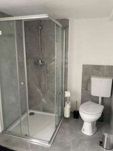 a bathroom with a shower and a toilet at Ferienwohnung Monteurwohnungen Kassel Zentral lll in Kassel