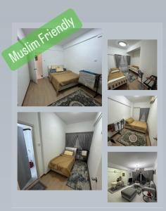 een collage van foto's van een kamer met bedden bij Hanizz Vacation Home in Kampong Bukit Darat