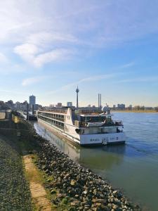 デュッセルドルフにあるVIVA RIVERSIDE Altstadt Düsseldorfの船が水上の桟橋に停泊