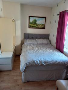 1 dormitorio con 1 cama y una pintura en la pared en Hill view Cottage, en Curr