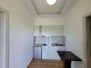 uma cozinha com armários brancos e um balcão preto em Villa JIOTA em Ksamil
