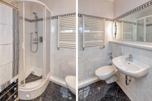 two pictures of a bathroom with a toilet and a sink at Terrassenhaus, FeWo 76 in Duhnen +11 photos