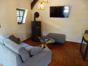 ein Wohnzimmer mit einem Sofa und einem TV in der Unterkunft Ferienhaus Bultperle in Hüde