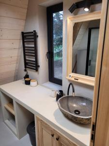 ein Bad mit einem Waschbecken und einem Spiegel in der Unterkunft Grzechatka in Wetlina