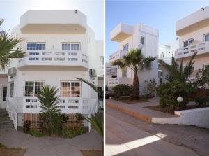 a white building with a palm tree in front of it at Anna Katerina Apartments in Platanias