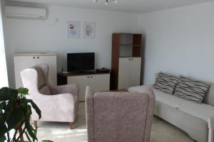a living room with a couch and two chairs at Apartman Maslovar in Kotor
