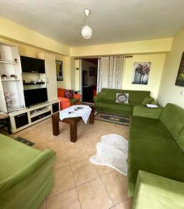 salon z zielonymi kanapami i stołem w obiekcie Blue Guesthouse w Gjirokastrze