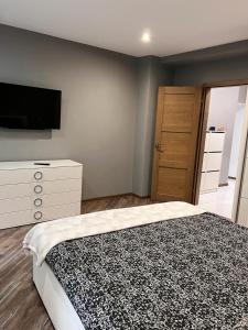 sypialnia z łóżkiem, komodą i telewizorem w obiekcie Apartament przy Twierdzy w Kłodzku