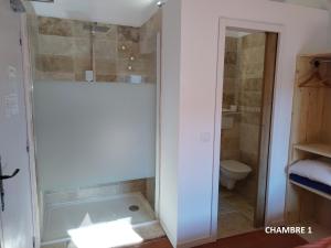 y baño con ducha y aseo. en Hôtel Beauséjour Logis de France, en Berre-des-Alpes