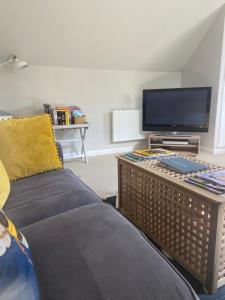 een woonkamer met een bank en een flatscreen-tv bij The Nookery in Winscombe