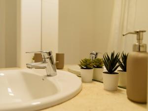 uma casa de banho com um lavatório e vasos de plantas num balcão em Bright One-Bedroom Condo with Modern Amenities em Bucareste