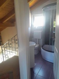 a bathroom with a tub and a toilet and a window at Apartman Kolona in Tkon +31 photos
