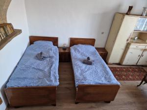 Dos camas en una habitación con sábanas azules. en Dreamcatcher & Retro Hostel, en Žužemberk