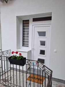 une porte avec un planteur de fleurs rouges sur elle dans l'établissement Glamour mini home, à Esztergom