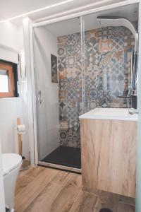 a bathroom with a shower with a sink and a toilet at Casa dos Avós - Folgosa Douro in Folgosa +46 photos