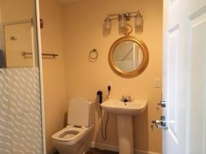 Un baño con inodoro, lavabo y espejo. en Luxury three story apartment in SHORT NORTH, en Columbus 16 fotos más