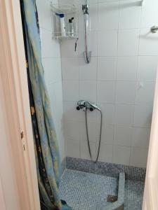 a shower in a bathroom with a shower curtain at Manolis Loft in Piraeus