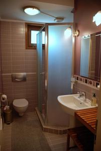 a bathroom with a shower and a toilet and a sink at L'isola Guesthouse in Heybeliada