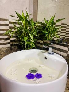 a white bath tub with purple flowers in it at Home Away Ella in Ella