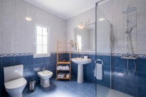 a bathroom with a sink and a toilet and a shower at Batalha Family House in Fenais da Luz