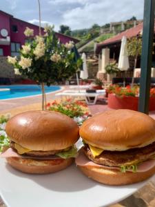 twee hamburgers op een bord naast een zwembad bij Hotel Loggas in Sidhirokhórion