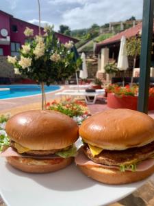 dos hamburguesas en un plato junto a una piscina en Hotel Loggas, en Sidhirokhórion