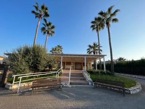 two benches in front of a building with palm trees at New Residence in Campofelice di Roccella