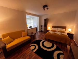 ein Schlafzimmer mit einem Bett und einem Sofa in der Unterkunft Cozy Flat in Braşov