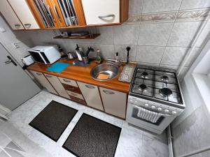eine kleine Küche mit einer Spüle und einem Herd in der Unterkunft Cozy Flat in Braşov