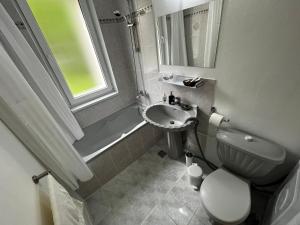 a small bathroom with a sink and a toilet at Cozy Apartment in Braşov