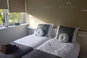 1 dormitorio con 2 camas con almohadas en Waterhill's Bed & Wellness en Dinteloord