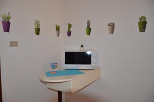 escritorio con microondas sobre una mesa con plantas en Affittacamere Mirella, en Pineto