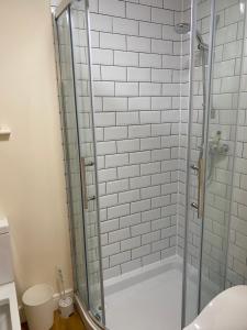 a shower with a glass door in a bathroom at Plumpton Walk in Canterbury +16 photos