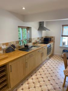 a large kitchen with wooden cabinets and a sink at Inkwell in Chippenham