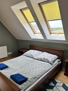 1 dormitorio con 1 cama con 2 almohadas azules en Willa nad stawem, en Mezowo