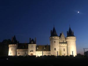 un castillo de noche con la luna en el cielo en Le Domremy F2 au cœur d'Orléans en Orléans