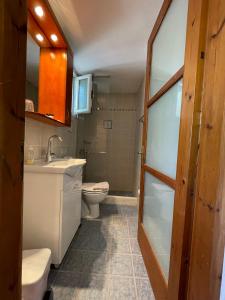 a bathroom with a toilet and a sink and a shower at Pegasus Studios & Apartments in Skiros