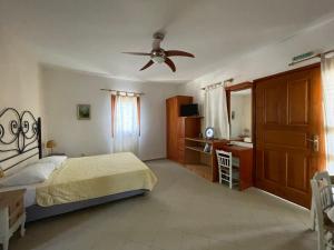 a bedroom with a bed and a ceiling fan at Pegasus Studios & Apartments in Skiros
