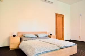 a bedroom with a bed and two night stands at Elephants Apartments in Bratislava