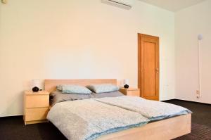 Un dormitorio con una cama y dos mesitas de noche. en Elephants Apartments, en Bratislava