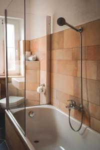 a bathroom with a bath tub with a shower at Raffelsteiner Hof in Mörnsheim