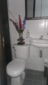 een witte badkamer met een toilet en een wastafel bij WALOJO¡ Acogedor Apartamento, Excelente ubicación in Neiva