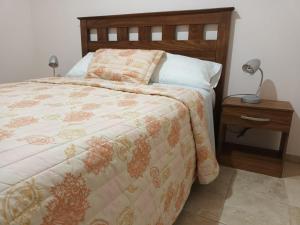 a bedroom with a bed and a table with a lamp at Departamento San Rafael - Sobre Paseo Chile in San Rafael