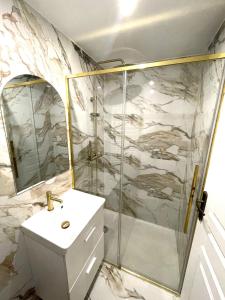 een badkamer met een douche en een wastafel bij Suite Adèle Passy in Parijs